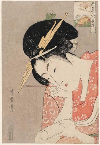 Hanaôgi of the Ôgiya (Ôgiya Hanaôgi, in rebus form), from the series Renowned Beauties Likened to the Six Immortal Poets (Kômei bijin rokkasen)