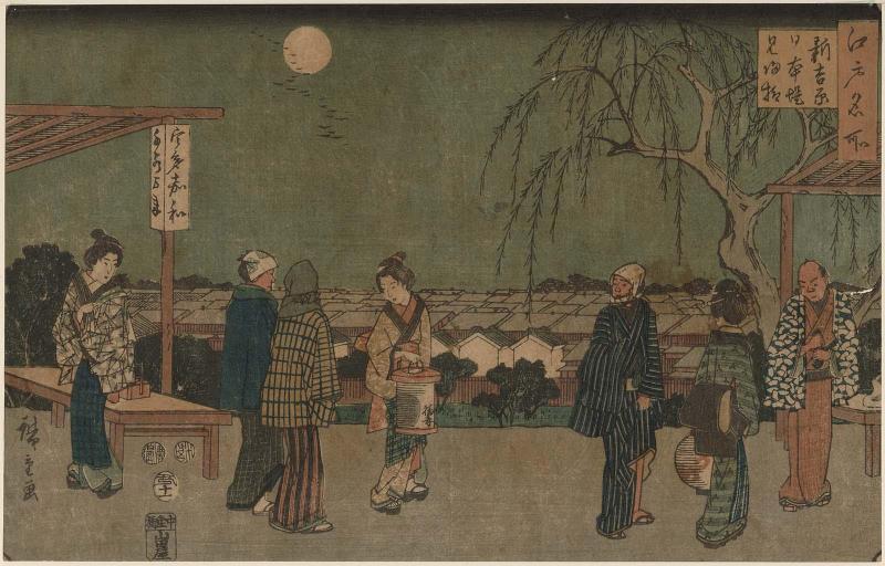 The Willow Tree of Farewells to Guests at Nihon Embankment in the New Yoshiwara (Shin Yoshiwara Nihon-zutsumi mikaeri no yanagi), from the series Famous Places in Edo (Edo meisho)