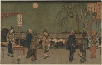 The Willow Tree of Farewells to Guests at Nihon Embankment in the New Yoshiwara (Shin Yoshiwara Nihon-zutsumi mikaeri no yanagi), from the series Famous Places in Edo (Edo meisho)