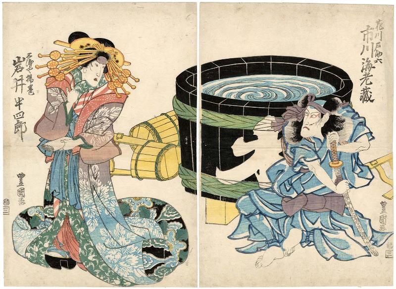 Actors Ichikawa Ebizô V as Hanakawado Sukeroku (R) and Iwai Hanshirô V as Miuraya Agemaki (L)
