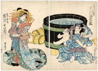 Actors Ichikawa Ebizô V as Hanakawado Sukeroku (R) and Iwai Hanshirô V as Miuraya Agemaki (L)