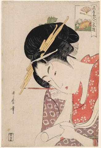 Hanaôgi of the Ôgiya (Ôgiya Hanaôgi, in rebus form), from the series Renowned Beauties Likened to the Six Immortal Poets (Kômei bijin rokkasen)