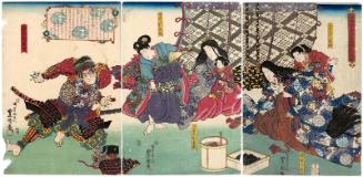 Shibuya Kaneômaru Shôshun Brings the News of Minamoto Yoshitomo's Death (Shibuya Kaneômaru Shôshun hayauchi no zu); from right: Otowakamaru, age 6, later Noriyori; Tokiwa Gozen; Ushiwakamaru, age 2, later Yoshitsune; Imawakamaru, age 9, later Yoritomo; Kaneômaru Shôshun