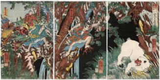 In the Kiso Mountains in the 1180s, the Four Heavenly Kings Defeat the White Ape (Yôwa nenchû, Kisoyama ni oite, Shitennô hakuen o taiji no zu)