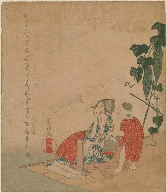Mother and Child by Gourd Trellis in Moonlight