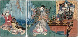 Actors Ichimura Uzaemon XII as Hisayoshi (R), Nakamura Utaemon IV as Matsunaga Daizen (C), and Iwai Shijaku I as Kano Yuki-hime (L)