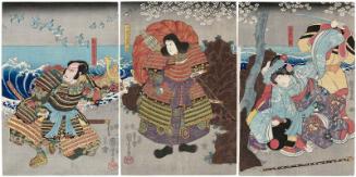 Actors Iwai Kumesaburô III as Tamaori-hime (R), Ichikawa Saruzô I as Mukan Dayû Atsumori (C), and Ichikawa Ebizô V as Kumagai Jirô Naozane (L)