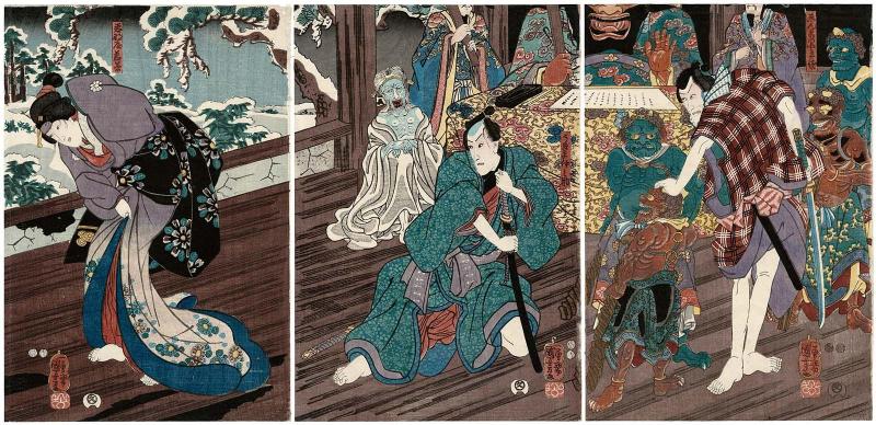 Actors Ichikawa Ebizô V as Enma no Kohei (R), Ichikawa Danjûrô VIII as Ukiyo Inosuke (C), and Iwai Kumesaburô III as Wakakusa of the Wakanaya (L)