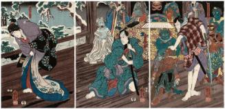 Actors Ichikawa Ebizô V as Enma no Kohei (R), Ichikawa Danjûrô VIII as Ukiyo Inosuke (C), and Iwai Kumesaburô III as Wakakusa of the Wakanaya (L)