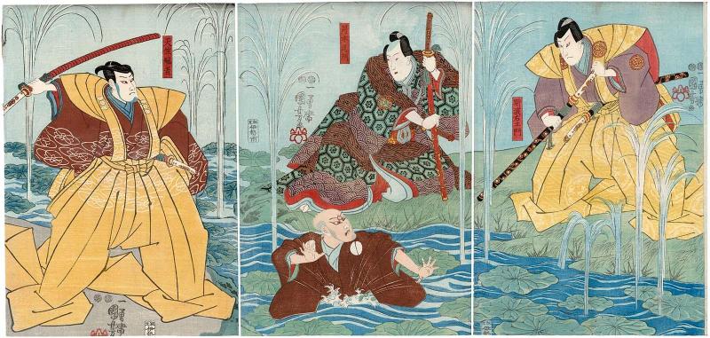 Actors Sawamura Sojûrô V as Shiba Saemon (R), Ichimura Uzaemon XII as Tsukimoto Enshû, Onoe Kikugorô III in an unidentified role (C), and Onoe Kikugorô III as Tenjiku Kaja (L)