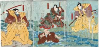 Actors Sawamura Sojûrô V as Shiba Saemon (R), Ichimura Uzaemon XII as Tsukimoto Enshû, Onoe Kikugorô III in an unidentified role (C), and Onoe Kikugorô III as Tenjiku Kaja (L)
