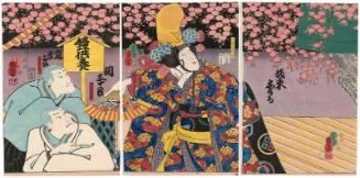 Actors Bandô Shûka I as the Shirabyôshi Dancer Hanako (C), Seki Sanjûrô III as Seitakabô, and Arashi Kichisaburô III as Kongarabô (L)