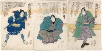 Actors Ichikawa Danzaburô V as Yûzô (R), Sawamura Tosshô I as Tamaya Shinbei (C), and Ichikawa Tôjûrô as ...suke (L)