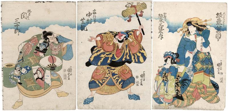Actors Bandô Minosuke II as Ôiso no Tora, Bandô Mitsutarô as a Kamuro (R), Nakamura Shikan II as Kobayashi Asahina (C), and Seki Sanjûrô II as Kajiwara Heiji (L)