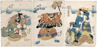 Actors Bandô Minosuke II as Ôiso no Tora, Bandô Mitsutarô as a Kamuro (R), Nakamura Shikan II as Kobayashi Asahina (C), and Seki Sanjûrô II as Kajiwara Heiji (L)