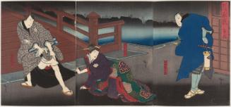 Actors Mimasu Daigorô IV as Konishi Yajûrô (R), Nakayama Nanshi II as the Daughter (Musume) Otsuyu (C), and Nakamura Utaemon IV as Fukami Katsugorô (L), in Act II of the play Kiyome no Funauta