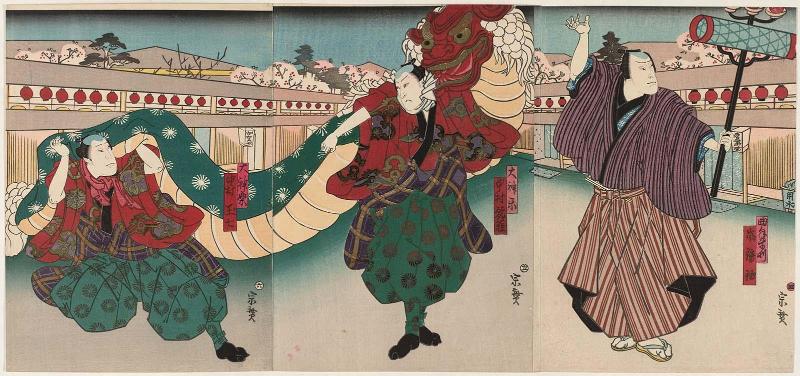 Actors Arashi Rikaku II (R) as a Juggler (Kyoku temari), and Nakamura Kanjaku II (C) and Nakamura Tamashichi I (L) as Lion Dancers (Daikagura)