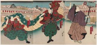 Actors Arashi Rikaku II (R) as a Juggler (Kyoku temari), and Nakamura Kanjaku II (C) and Nakamura Tamashichi I (L) as Lion Dancers (Daikagura)