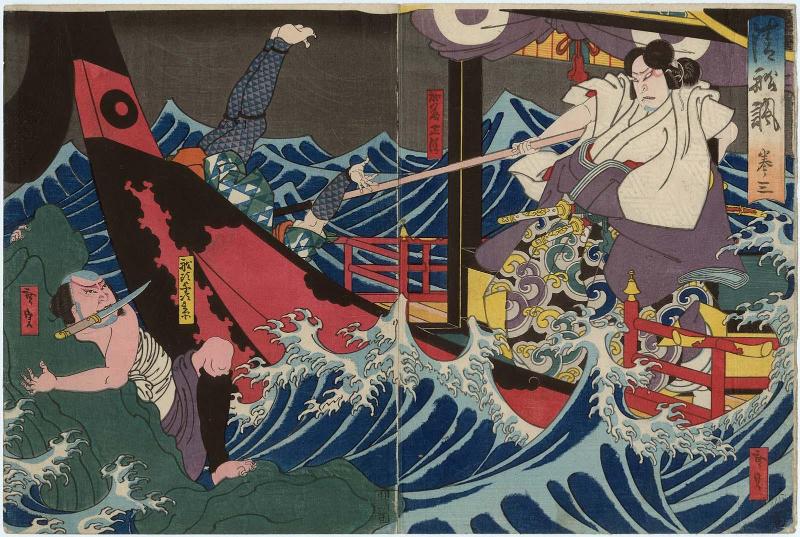 Actors Nakamura Utaemon IV as Katô Masakiyo (R) and Nakamura Tomosa II as the boatman Yojibei (L), in Act 3 of Kiyome no Funauta