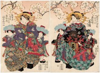 Courtesans of the Tamaya at Edo-machi Itchôme in the New Yoshiwara: Makiginu, kamuro Yukari (R), and Masanagi, kamuro Yoshino and Tatsuta (L)
