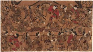 Dance by the Entire Company (Sô-odori) at the Theaters of Nakamura Kanzaburô and Ichimura Takenojô: Actors (top, left to right) Miyazaki Denkichi, Nakamura Denkurô I, Nakamura Shichisaburô I, Ichikawa Danjûrô I, Saruwaka Kosanza, Miyazaki Shikibu, Ichikawa Dannojô (I or II?); (bottom, left to right) Sodeoka Masanosuke II, Nakayama Kiyonosuke, Yoshikawa Tamon I, Ogino Sawanojô, Matsushima Han'ya II, Tanishima Mondo, Tamagawa Sennojô (II?), Takenaka Hachisaburô