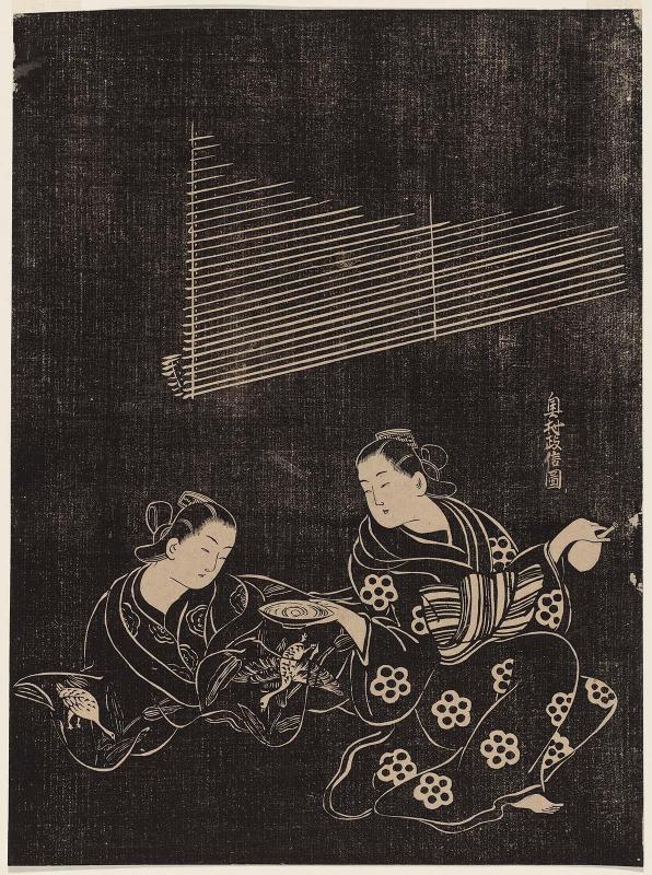 Two Women Drinking Sake, in stone-rubbing style