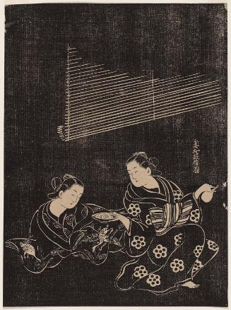 Two Women Drinking Sake, in stone-rubbing style