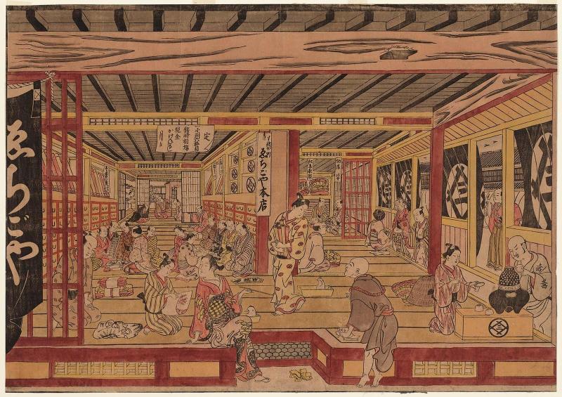 Large Perspective View of the Interior of Echigo-ya in Suruga-chô (Suruga-chô Echigoya gofukuten ô-ukie)