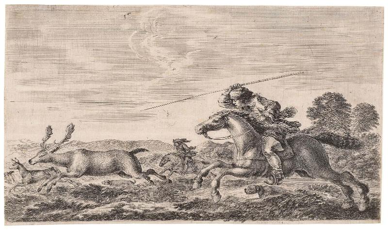 A Buck and two Fawns Pursued by Horsemen