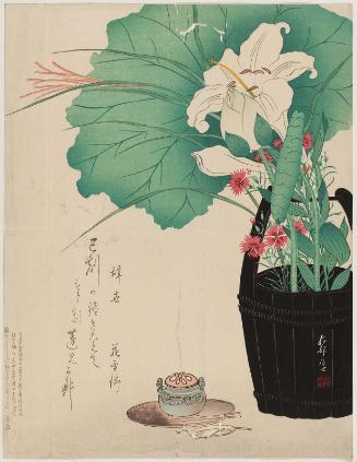 Arrangement of Lily, Lotus, and Pinks in Bucket, with Incense Burner