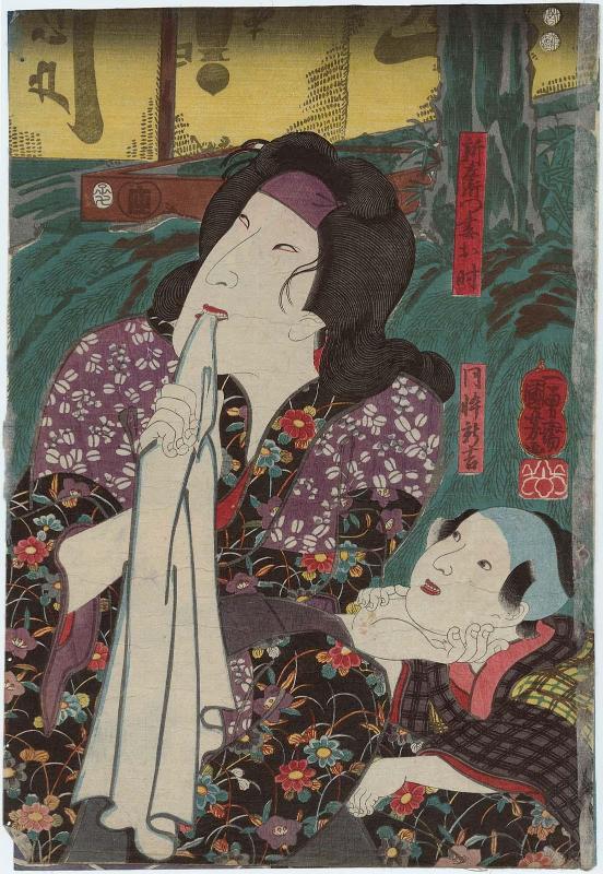 Actor Bandô Shûka I as Shinzaemon's Wife (Tsuma) Otoki, with a child actor as His Son (Dô segare) Shinkichi