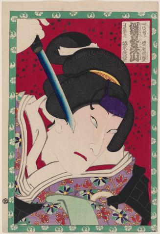 Actor Bandô Hikosaburô V as Osono, the Daughter of Ichimisai, in the Play Vendetta at Hikosan (Katakiuchi chikai no Hikosan), from an untitled series of twenty-two actor portraits