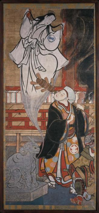 Theater signboard depicting scenes from the play Nue shigedô sakiwake yûsha e