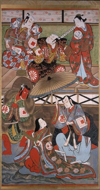 Theater signboard depicting scenes from the play Nishikigi Sakae Komachi