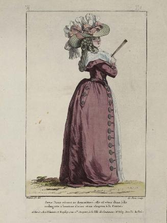 Gallerie des Modes et Costumes Français. 53e Cahier de Costumes Français, 47e Suite d'Habillemens à la mode en 1787.  iii.331 "Jeune Dame rêvant au doux mistere..."