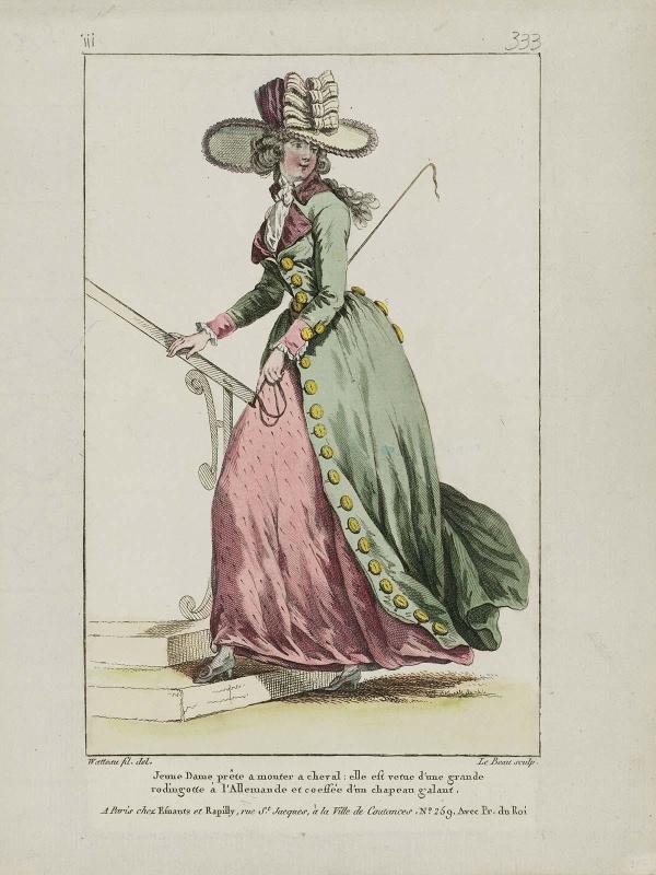Gallerie des Modes et Costumes Français. 53e Cahier de Costumes Français, 47e Suite d'Habillemens à la mode en 1787.  iii.333 "Jeune Dame prête à monter à cheval..."