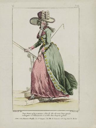 Gallerie des Modes et Costumes Français. 53e Cahier de Costumes Français, 47e Suite d'Habillemens à la mode en 1787.  iii.333 "Jeune Dame prête à monter à cheval..."