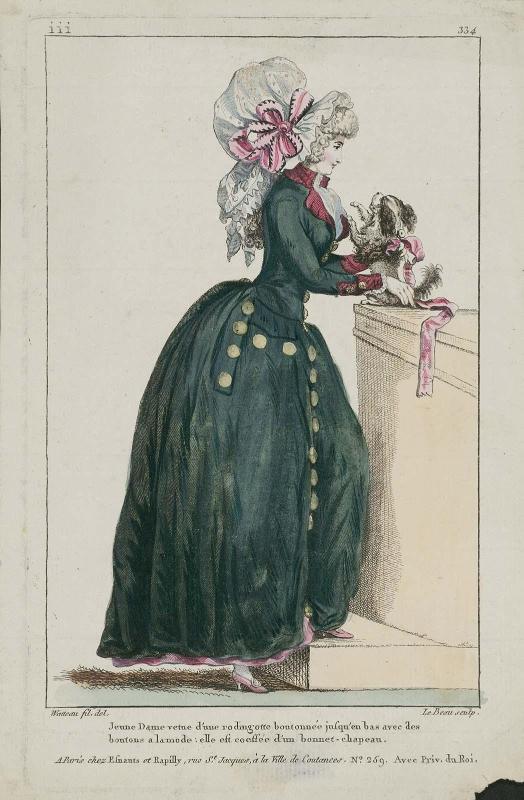 Gallerie des Modes et Costumes Français. 53e Cahier de Costumes Français, 47e Suite d'Habillemens à la mode en 1787.  iii.334 "Jeune Dame vetue d'une rodingotte..."