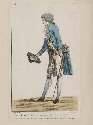 Gallerie des Modes et Costumes Français. 53e Cahier de Costumes Français, 47e Suite d'Habillemens à la mode en 1787.  iii.336 "Jeune Elégant vêtu d'un habit..."