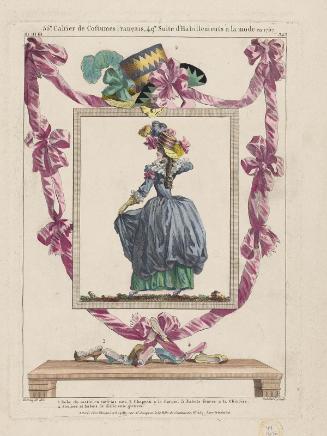 Gallerie des Modes et Costumes Français. 55e Cahier de Costumes Français, 49e Suite d'Habillemens à la mode en 1787.  mmm.343 "Robe du matin en taffetas uni..."