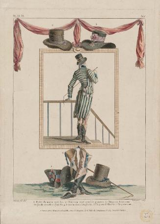 Gallerie des Modes et Costumes Français. 55e Cahier de Costumes Français, 49e Suite d'Habillemens à la mode en 1787.  mmm.344  "Habit du matin raye etc..."