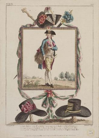 Gallerie des Modes et Costumes Français. 55e Cahier de Costumes Français, 49e Suite d'Habillemens à la mode en 1787.  mmm.346 "Petit-Maitre vetu d'un Habit..."