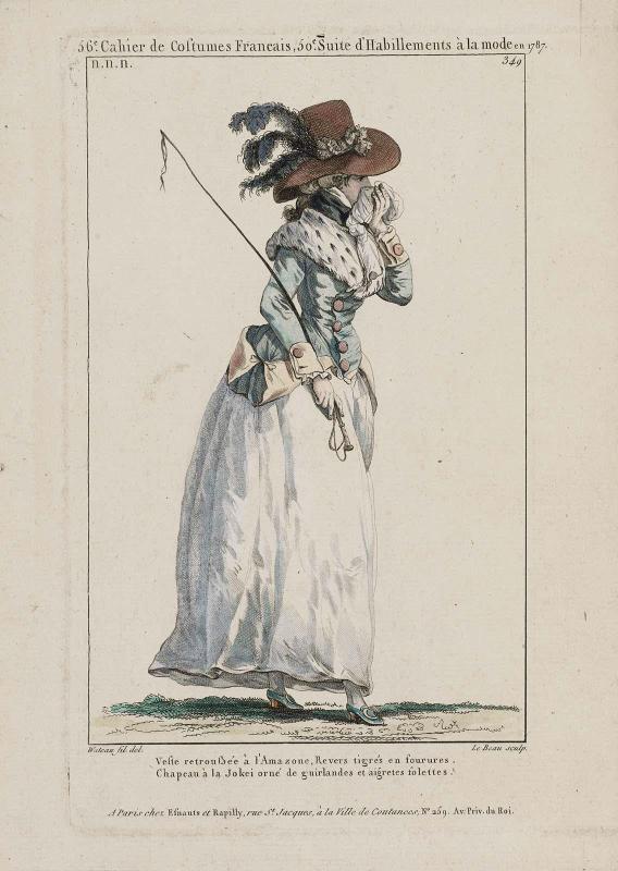 Gallerie des Modes et Costumes Français. 56e Cahier de Costumes François, 50e Suite d'Habillemens à la mode en 1787.  nnn.349 "Veste retroussée à l'Amazone..."