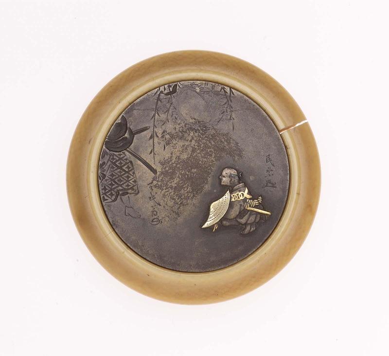 Kagami netsuke with design of man kneeling before an approaching figure