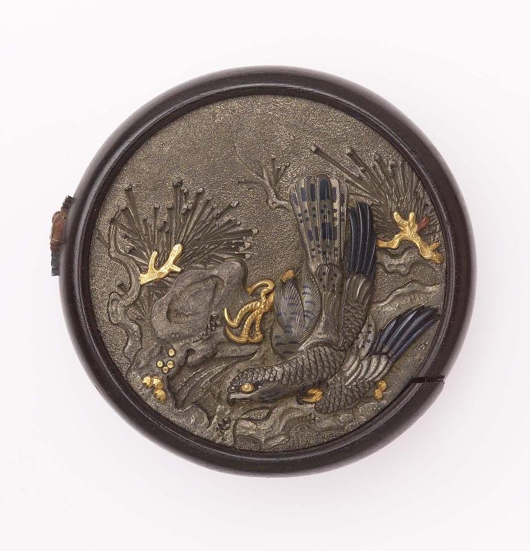 Kagami netsuke with design of eagle and young in a pine tree; bowl with a sparrow
