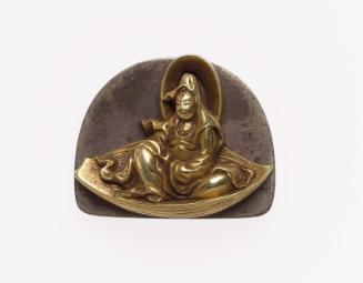 Kanamono in the form of Kannon seated on a lotus petal, with backplate engraved with a lotus plant