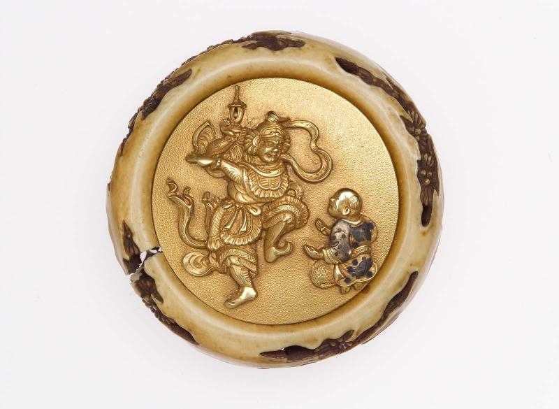 Kagami netsuke with design of Bishamon and a Chinese child attendant; bowl with pine tree