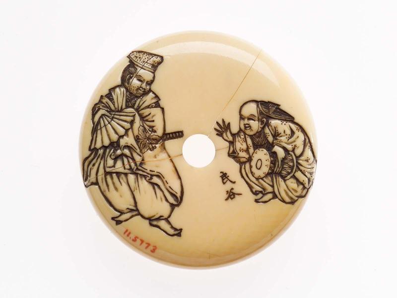 Kagami netsuke with design of shishi and peony; bowl with two dancers