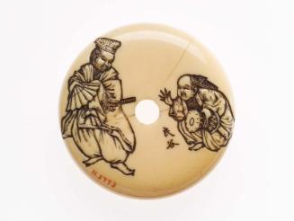 Kagami netsuke with design of shishi and peony; bowl with two dancers