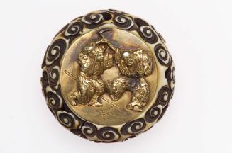 Kagami netsuke with design of two rustic dancers (?); bowl with stylized pines and balcony